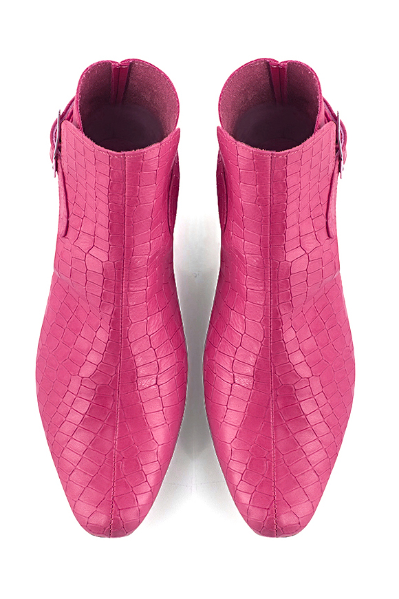 Fuschia pink women's ankle boots with buckles at the back. Round toe. Low block heels. Top view - Florence KOOIJMAN